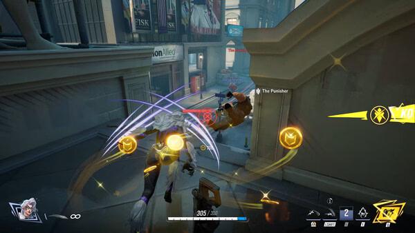 Screenshot from Marvel Rivals showing a character attacking another with dynamic energy effects in an urban environment.