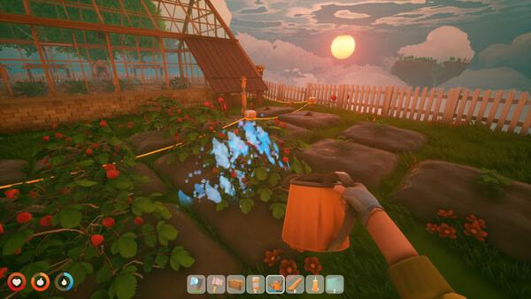 A screenshot from Solarpunk showing a player watering plants in a garden with a sunset in the background.