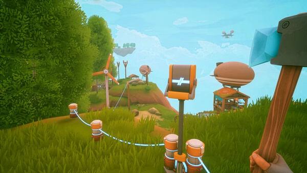 Solarpunk screenshot: A lush landscape featuring wind turbines and floating airships, with a tool held in the foreground.