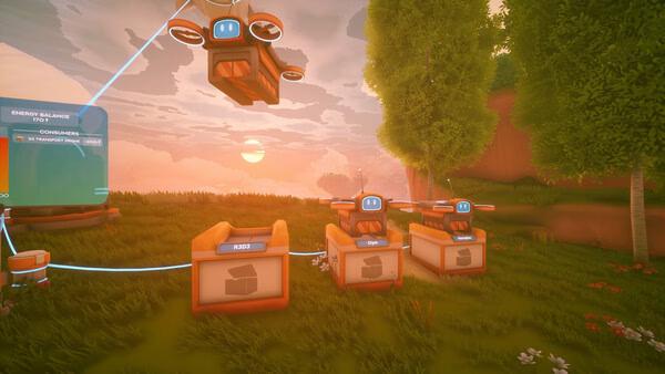 Screenshot from Solarpunk: A sunset illuminates drone stations and lush greenery, with a hovering drone in the foreground.