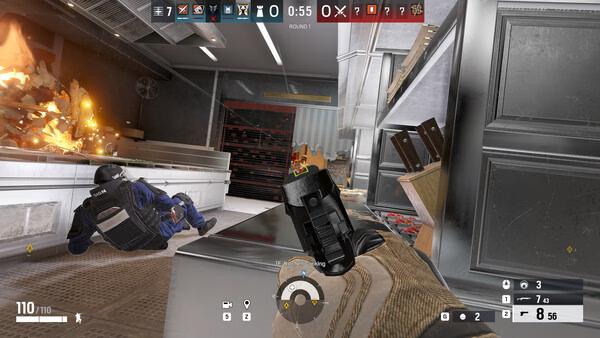 Tom Clancy's Rainbow Six Siege screenshot: Player aims pistol at enemy in a kitchen setting during a high-stakes round.