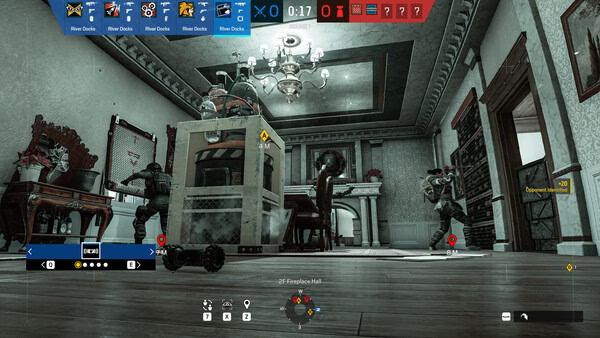Screenshot from Tom Clancy's Rainbow Six Siege showing two players in an ornate dining room, preparing for tactical action.
