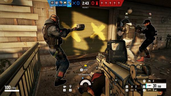 Tom Clancy's Rainbow Six Siege screenshot: Players prepare for action, marking a wall with yellow crosses in an urban setting.