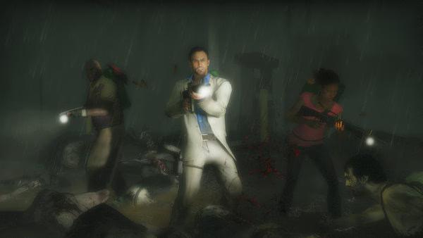 Survivors fight zombies in a rainy graveyard in this Left 4 Dead 2 screenshot, armed with flashlights and weapons.