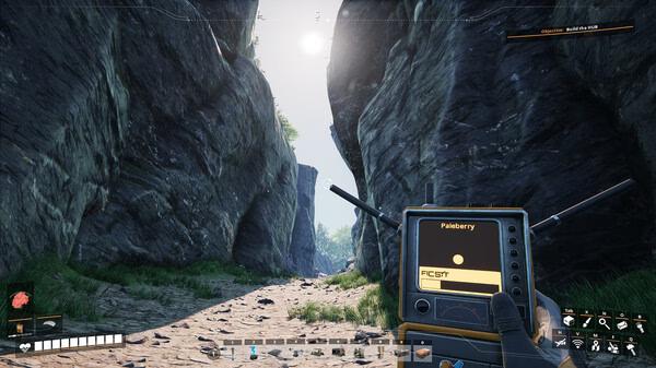 Satisfactory screenshot: A player holds a scanner in a rocky canyon path under a bright sky, searching for resources.