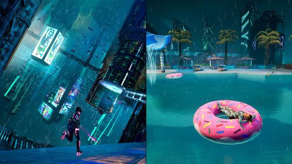 Split Fiction screenshot: A futuristic cityscape and a pool scene with a character relaxing on a donut float.