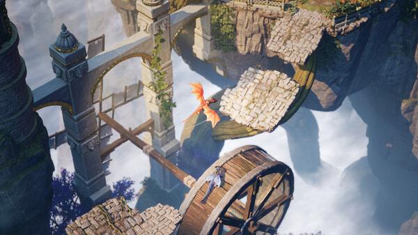 Split Fiction screenshot: A red dragon flies near a crumbling stone bridge as a character rests on a giant wooden wheel above clouds.