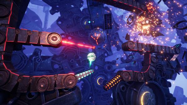 Screenshot from Split Fiction showing a complex, futuristic mechanical environment with glowing lights and intricate machinery.