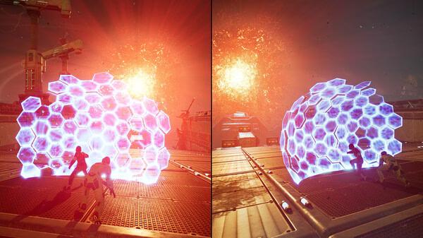 Screenshot from Split Fiction showing two players battling with glowing hexagonal shields in a futuristic setting.