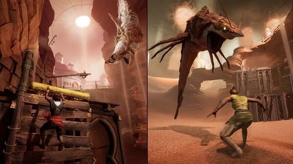 Screenshot from 'Split Fiction': A player climbs a wooden structure as a giant creature hovers in a desert landscape.