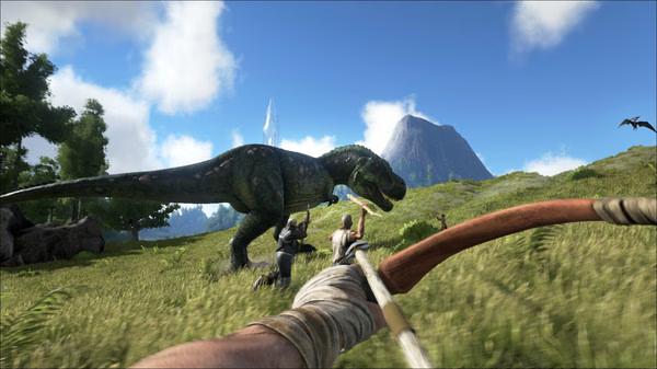 Screenshot from ARK: Survival Evolved showing a player aiming a bow at a large dinosaur in a grassy landscape.