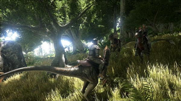 Screenshot from ARK: Survival Evolved showing players riding dinosaurs in a dense, sunlit forest setting.