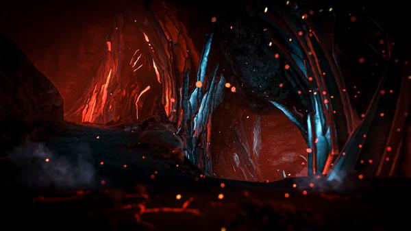Screenshot from ARK: Survival Evolved showing a fiery cave with glowing crystals and embers scattered throughout.