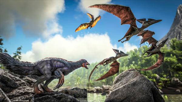 Screenshot from ARK: Survival Evolved showing a dinosaur and flying pterosaurs against a lush landscape.