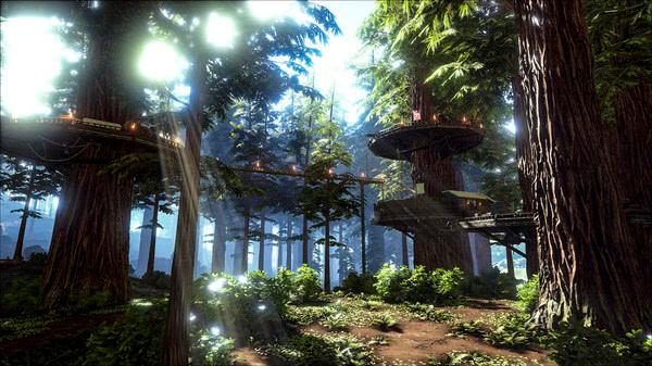 Screenshot from ARK: Survival Evolved showing a lush forest with large trees and elevated wooden platforms.