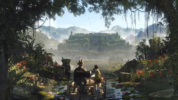 Screenshot from 'Indiana Jones and the Great Circle': two adventurers on a boat approach ancient ruins surrounded by lush greenery.