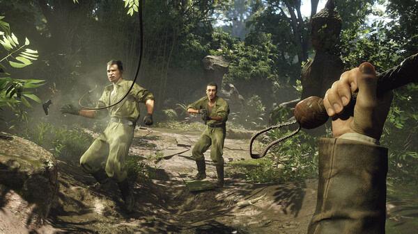 Screenshot of "Indiana Jones and the Great Circle" showing two explorers in a lush jungle, one holding a whip in hand.