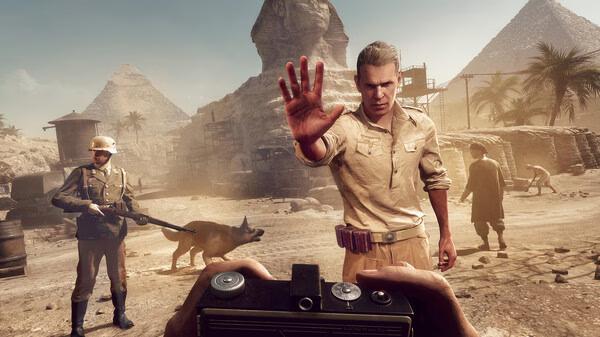 Screenshot from 'Indiana Jones and the Great Circle' showing a soldier, a man raising his hand, and a dog in a desert setting.