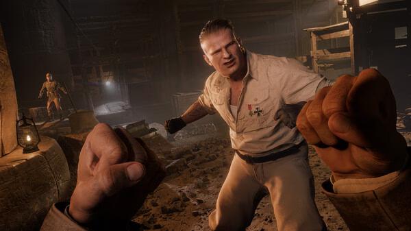 Screenshot from "Indiana Jones and the Great Circle" featuring a first-person view of a fistfight in a dimly lit, rustic setting.