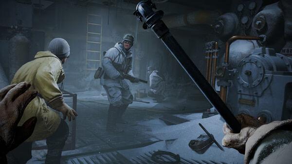 Screenshot from Indiana Jones and the Great Circle shows a tense standoff in a snowy bunker, with two figures in heavy winter gear.
