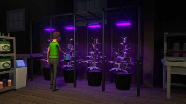 A screenshot from Schedule I showing a character watering cannabis plants under purple grow lights in a dimly lit room.