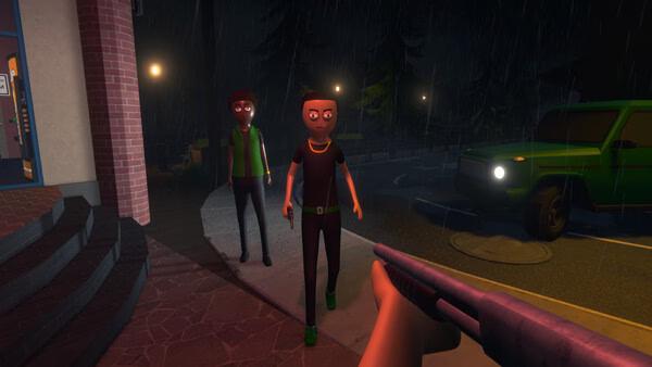 Screenshot from 'Schedule I' showing two characters approaching in the rain near a brick building, with a green truck in the background.