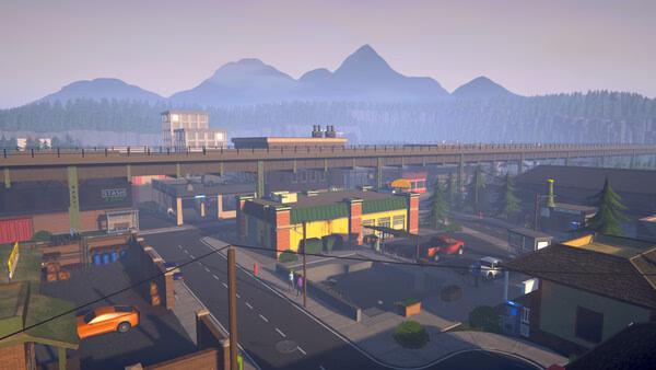 Screenshot from Schedule I game shows a detailed cityscape with parked cars, buildings, and distant mountains under a clear sky.