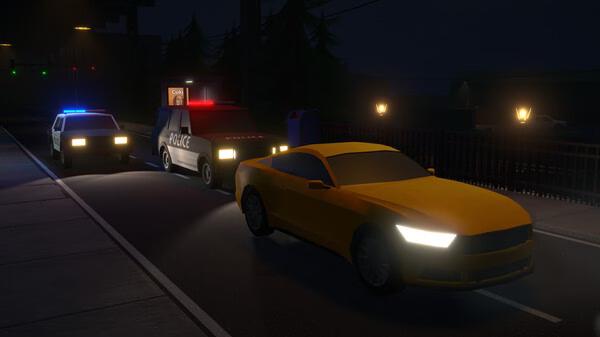 Screenshot from 'Schedule I' showing a nighttime scene with a yellow car stopped by two police vehicles.