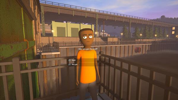 Screenshot from 'Schedule I' showing a character in an orange shirt on a bridge, with dialogue options "Yeah" and "Not yet".