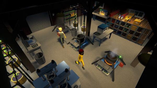 Screenshot from 'Schedule I' showing two characters in a dimly lit lab filled with equipment, shelves, and glowing chemical vats.