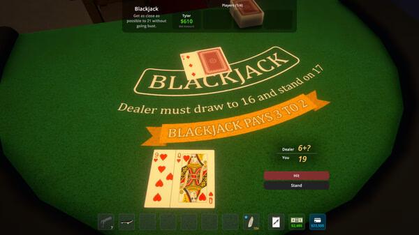 A Schedule I screenshot showing a blackjack game. Player has 19, considering options to hit or stand against dealer's face card.