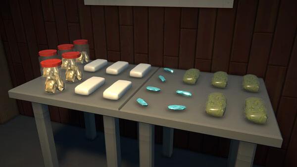 Screenshot from Schedule I game showing jars, white bricks, green blocks, and blue crystals on a table against a wooden wall.