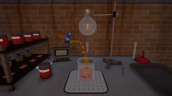 Screenshot from Schedule I: A laboratory scene features a flask pouring liquid into a beaker on a lab table.