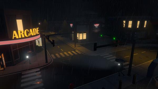 Screenshot of 'Schedule I' game showing a rainy nighttime street scene with an arcade and streetlights glowing.