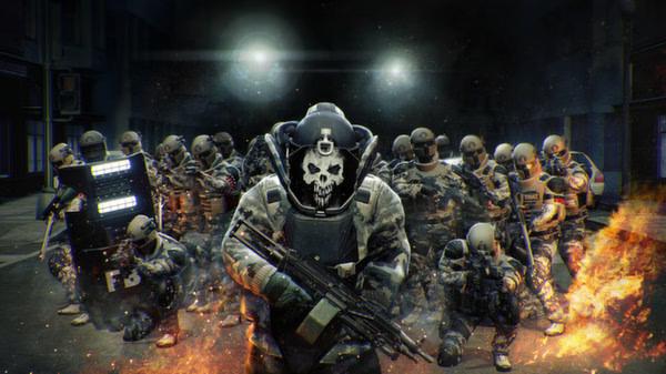 Screenshot from PAYDAY 2 showing a heavily armed squad in tactical gear, featuring a menacing skull mask in the foreground.