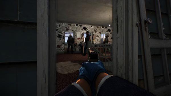 A PAYDAY 2 screenshot showing a player aiming a pistol at seated NPCs in a room covered with newspaper clippings.