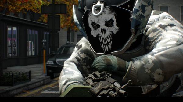 PAYDAY 2 screenshot: A heavily armored character in a camouflage suit and skull mask crouches with a weapon on a city street.