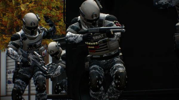 SWAT team members in tactical gear take cover during a heist in a PAYDAY 2 screenshot.