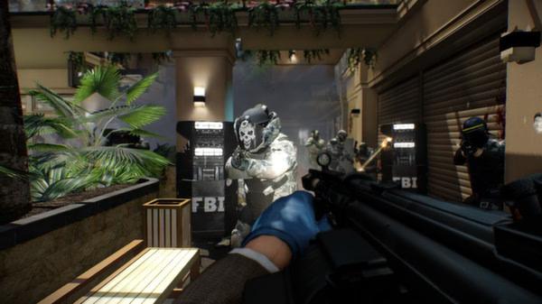 Screenshot from PAYDAY 2 showing armed players in a shootout with FBI agents in an urban courtyard setting.