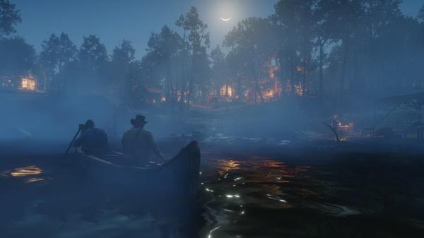 Screenshot from Red Dead Redemption 2 showing two characters in a canoe on a misty river at night.