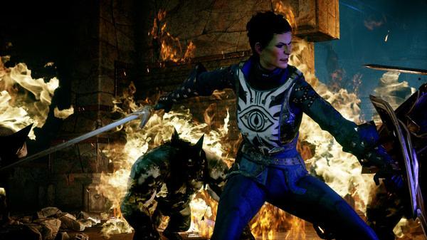 Screenshot from Dragon Age Inquisition showing a character wielding a sword in battle against a creature amid flames.