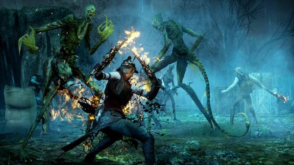 Dragon Age Inquisition screenshot: A warrior battles two large skeletal creatures with green skin in a dark, eerie forest setting.
