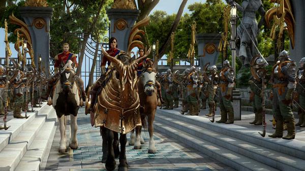 Screenshot from Dragon Age Inquisition showing three characters on horseback entering a grand courtyard lined with armored soldiers.