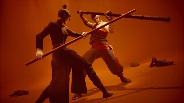 Sifu screenshot: Two characters engage in a dynamic staff fight in a dimly lit, orange-hued room with a person lying on the floor.