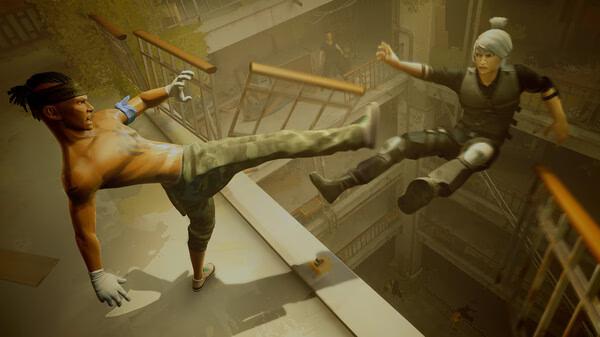Sifu screenshot: Two characters engage in a dynamic martial arts battle on a balcony, with one character kicking the other.