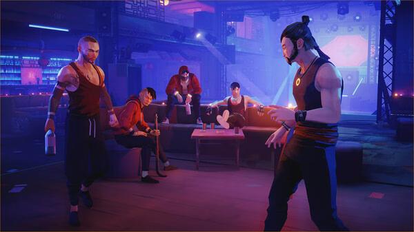 Sifu screenshot: A martial artist confronts a group of five individuals in a dimly lit club with neon lights.