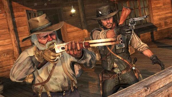 Red Dead Redemption screenshot: Two cowboys in hats aim guns on a wooden porch, ready for action.