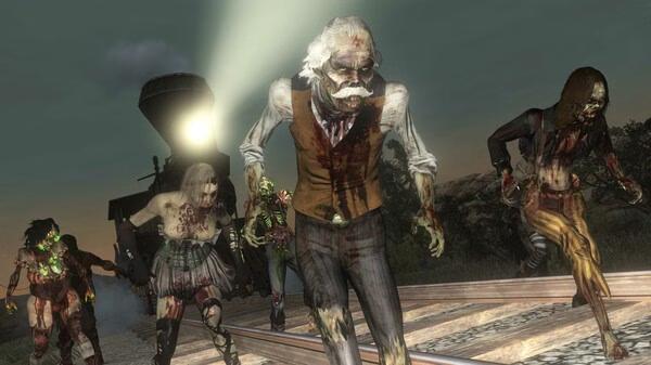 Screenshot from Red Dead Redemption showing a group of zombies walking on a railroad track at night, with a train in the background.