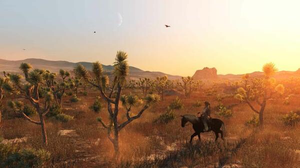 Screenshot from Red Dead Redemption showing a lone rider on horseback traversing a desert landscape at sunset.