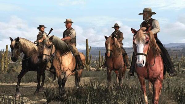 Four characters on horseback in a desert landscape with cacti in a Red Dead Redemption screenshot.